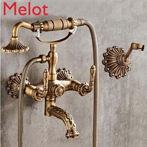 Antique Copper Carved European-Style Retro Simple Shower Set Hot and Cold Faucet Bathtub Wall-Mounted Hand Nozzle