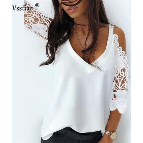 Off Shoulder Half Sleeve Blouse Women Shirt New Summer Party Ladies Tops Plus Size Bare Shoulders V Neck Lace Sexy Blouses