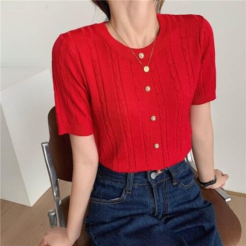 Camisetas Mujer 2021 Thin Knitted T Shirt Women Short Sleeve Summer Tops Woman Clothes Fashion Pearls Beading T-Shirt Tee Shirt