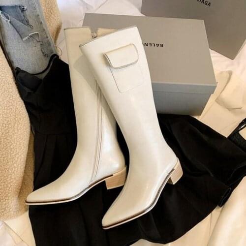Pointed Western Cowboy Boots 2021 New Metal Zipper Pocket Knight Boots Medium Tube Thick Heel But Knee Ladies Boots 34-40