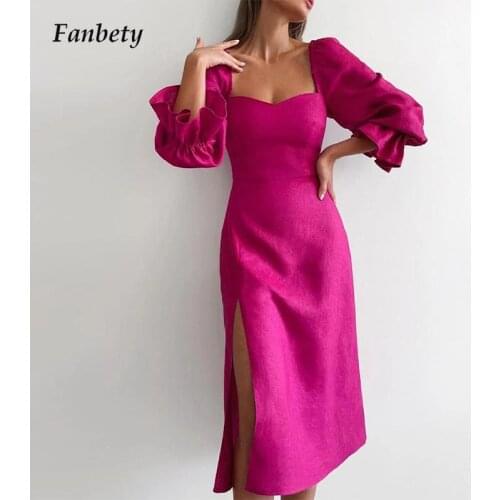 Women Sexy High Slit Autumn Dresses Elegant Square Collar Office Lady Party Dress Vintage Bubble Sleeve Ruffle Slim Long Dress
