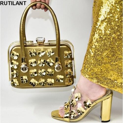 Nigerian Women Shoes and Bag Set Designer Shoes Women Luxury 2019 Square Heel Metal Decoration Shoe and Bag Italian Design Set