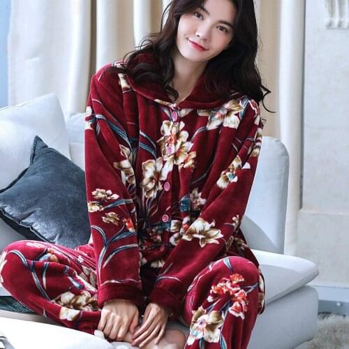 H5810 Women Pajamas Suit Female Thickened Coral Velvet Middle Aged Mother Homewear Flannel Long Sleeve Autumn Winter Nightgown