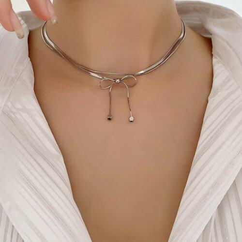 GSOLD Double-Layer Flat Snake Bone Chain Small Cute Bow Design Clavicle Neck Collar Titanium Steel Women Fashion Jewelry