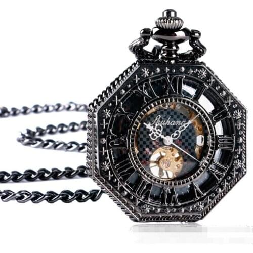 10pcs/lot Hollowed Black Octagon Roman Dial Mechanical Pocket Watch Steampunk Hand Wind Pocket Watch Wholesale