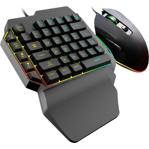 2Pcs/Set T1 Ergonomic Design One Hand USB Colorful backlight Wired Computer Games Keyboard Mouse Suitable for Genshin PUBG