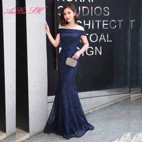AXJFU princess navy blue lace mermaid evening dress party boat neck sleeveless beading sparkly bow trumpet evening dress
