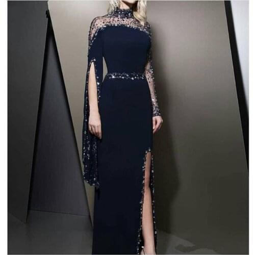 Black Evening Dresses A-line High Collar Long Sleeves Beaded Slit Dubai Saudi Arabia Long Prom Dress Gown Robe De Soiree