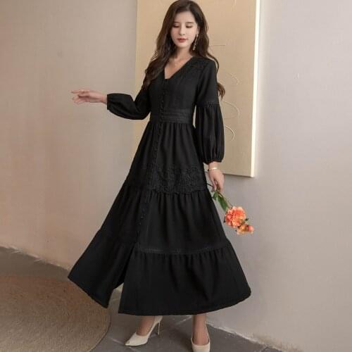 Jastie Elegant Chic Summer Women Dresses 2021 Vintage V-Neck Long Sleeve Hook Flower Hollow Single-Breasted Slim High Waist Robe