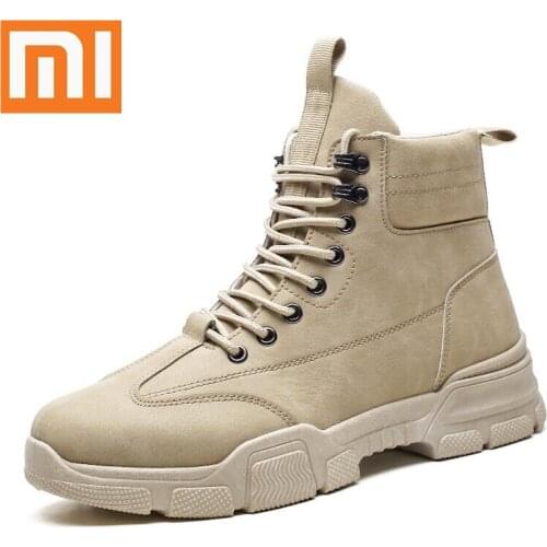 Xiaomi Men Boots Leather Waterproof Lace-Up Military Boots Men Ankle Shoes Mens Casual Lightweight Non-Slip Sport Work Shoes
