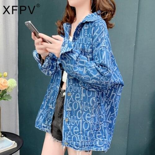 XFPV 2021 Autumn Winter New Fashion Vintage Letter Print Denim Coat Womens Korean Long Sleeve Lapel Office Lady Jackets SM444