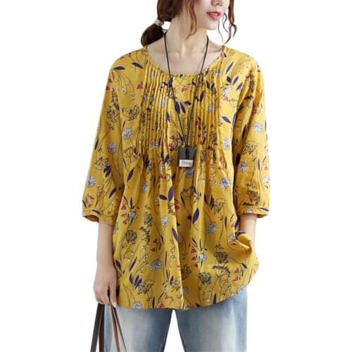 Summer Women New Floral Print Blouse Casual Loose O-neck 3/4 Sleeve Tops Plus Size Ladies Streetwear Shirt Femme