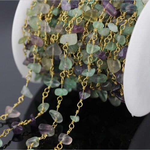 Wholesale 5Meter Fluorite Nugget Chip Beads Rosary Chain,Golden plated Brass Wire Wrapped Chains Necklace Jewelry Findings