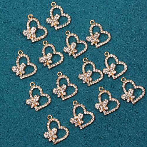10Pcs 23*20 Full Rhinestone Paved Heart Shape Butterfly Charms Golden Alloy Love Insect Pendant For DIY Earrings Accessories