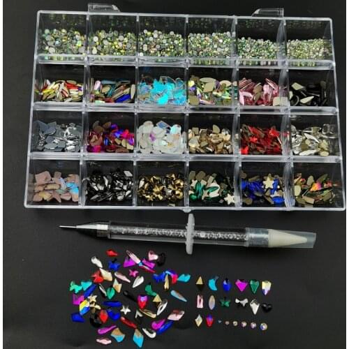 3200Pcs/Box Mixed AB Glass Crystal Rhinestone In Grids 50Pcs/Shapes Flat Back Mix Size SS3-SS16 Nail Art Diamond With 1 Pick Pen