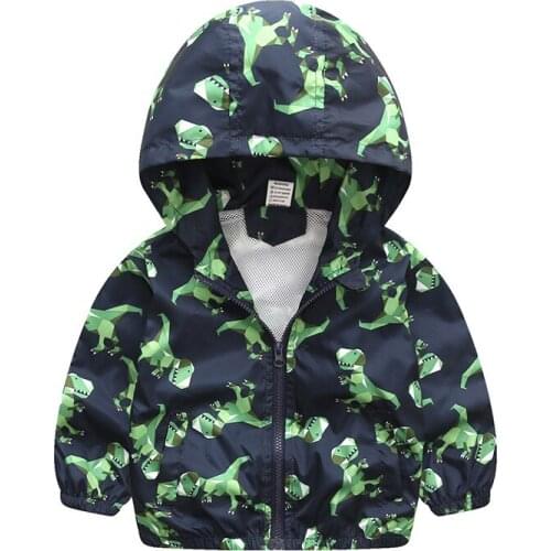 Spring and Summer New Children Clothing Blue Army Green Dinosaur Printed Hooded Boys Cartoon Thin Coat Casual Zipper Outwear
