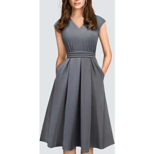 Spring Elegant Casual Brief Design V-Neck A-Line Vintage Side pocket Modern Dress HA196