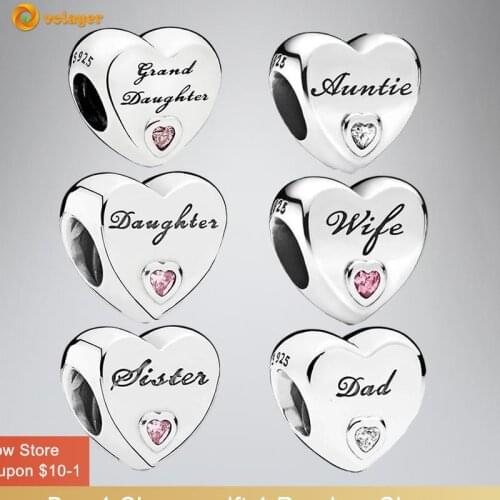 Volayer 925 Sterling Silver Bead Daughter Sister Mom Dad Love Heart charms fit Original Pandora Bracelets for Women Jewelry