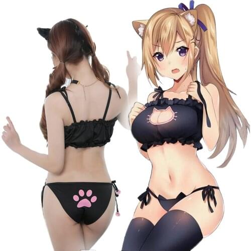 Erotic Cat Sex Underwear for Women Open Chest Hollow Out Bra Panties Headdress Set Female Anime Cosplay Sexy Dress Lingerie