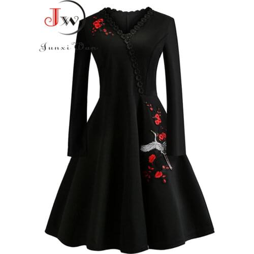 4XL Plus Size Women Embroidery Vintage Dress Lace Black Elegant Bodycon Party Dresses Long Sleeve Casual Autumn Winter Vestidos
