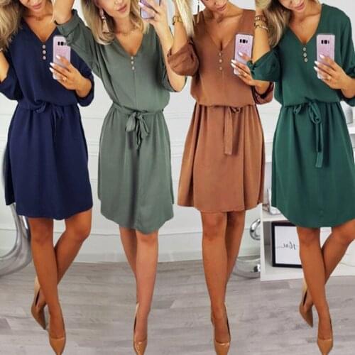 Breasted Dress Business Casual Women Work Wear Sukienka Elegant Office Dress Elastic Waist Basic V Neck Mini Dress A Word Solid