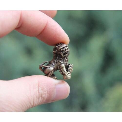 2.5 CM Chinese Pure Bronze Foo Dog Lion Play ball Beast Animal Amulet Sculpture