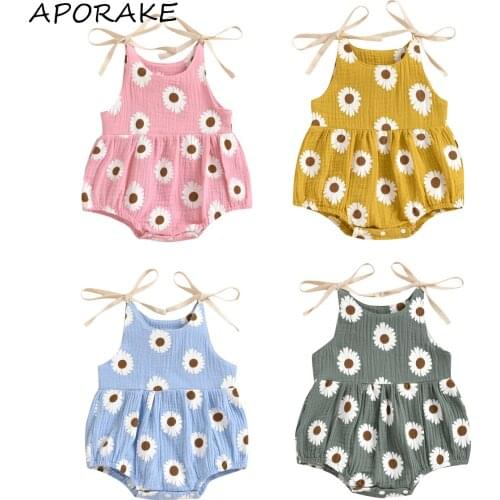 2021 0-24M Sweet Summer Toddler Baby Girl Romper Daisy Floral Print Bandage Sleeveless Playsuit Soft Cotton Linen Clothes