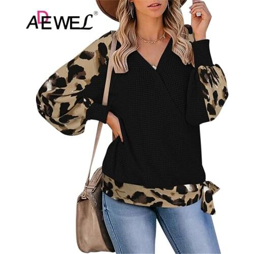 ADEWEL Black V neck Leopard Long Sleeve Oversized T Shirt Mulher Camisetas Loose Plus Size Roupas Femininas Top Clothes XL