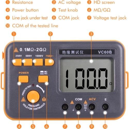 Factory outlet VC60B Digital Insulation Resistance Tester Megger MegOhm Meter 1000V/2GΩ High Voltage Short Circuit Input Alarm