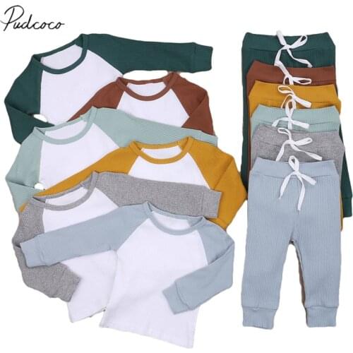 Infant Kids Boy’s Long-sleeved Trousers Suit Ribbed Patchwork Fashion Color Contrast T-shirt and Elastic Bandage Long Pants