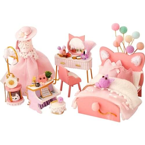 DIY Wooden Pink Miniature Furniture Dollhouse Kit Roombox With Accessories Light Doll House Casa Toys for Children Girls Gifts