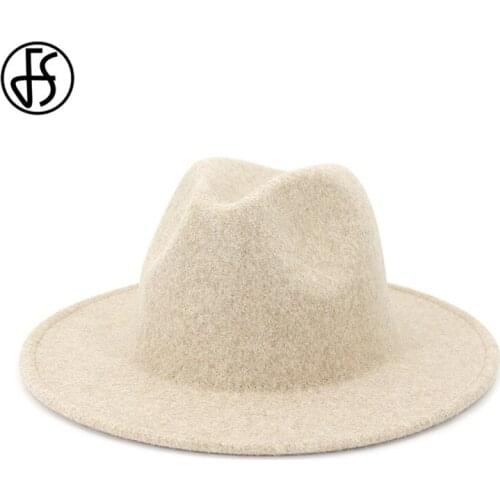 FS Beige White Wool Jazz Hat Women Men Felt Snap Brim Hats Trilby Ladies Vintage Wool Panama Fedora Cloche Cap