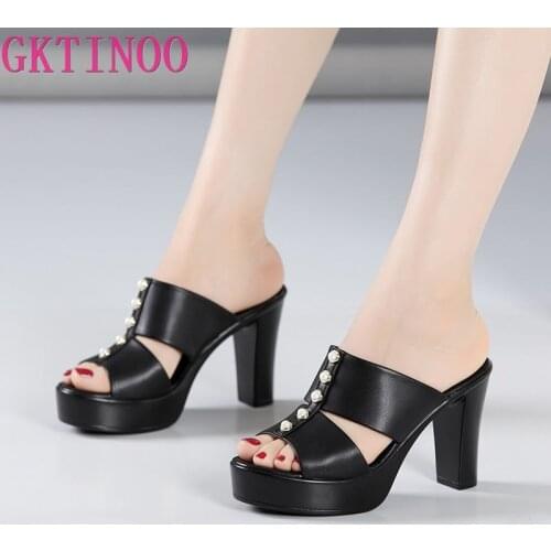 GKTINOO Block Heel Black Slippers Women Shoes Summer 2020 Peep Toe High Heels Slides Leather Ladies Office Slippers Plus Size43