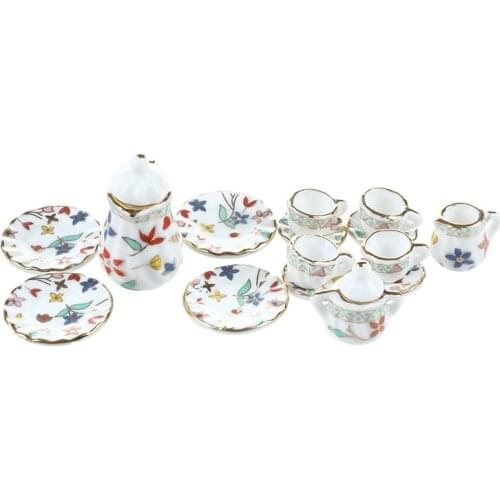 15 Piece Miniature Dollhouse dinnerware porcelain tea set tableware Cup plate Colorful floral print Mini Food