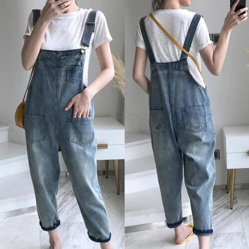 Fashion Casual Women Pockets Loose Suspender Denim Overall Dungarees Ninth Trousers Overalls Shoulder Strap Jumpsuit