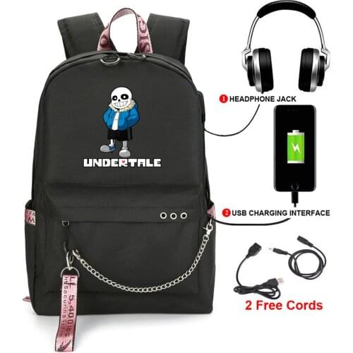Undertale Sans Printed USB Backpack With Chain Headphone Port School Bags Mochila Travel Laptop Bags
