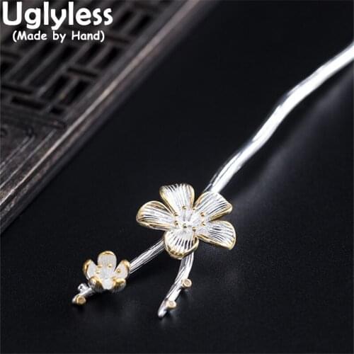 Uglyless 100% Real 925 Sterling Silver Flowers Brooches for Women Elegant Eastern Charming 925 Silver Floral Hair Sticks Pins