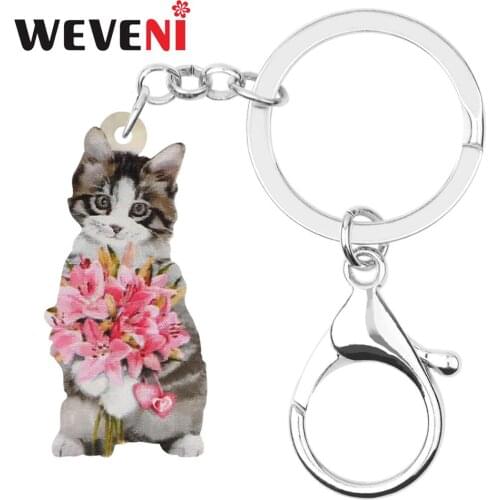 WEVENI Acrylic Valentines Day Flower Short Hair Cat Key Chain Rings Bag Car Purse Decoration Keychains For Women Girl Teen Gift