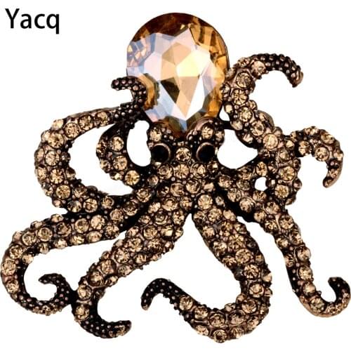 YACQ Octopus Brooch Pin Antique Gold Silver Color Crystal Animal Bling Women Jewelry Gifts Her Wife Wholesale Dropshipping BA16