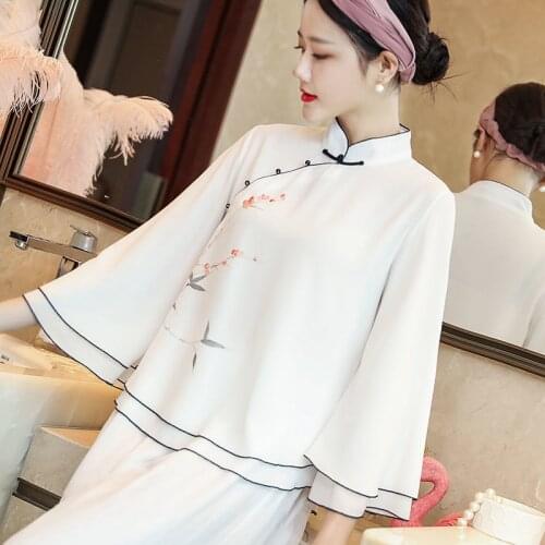 Chinese Style Women Qipao Tops Clothes Hanfu Plain Elegant Retro Zen China Traditional Shirt Tang Suit Loose Plus Size Blouse