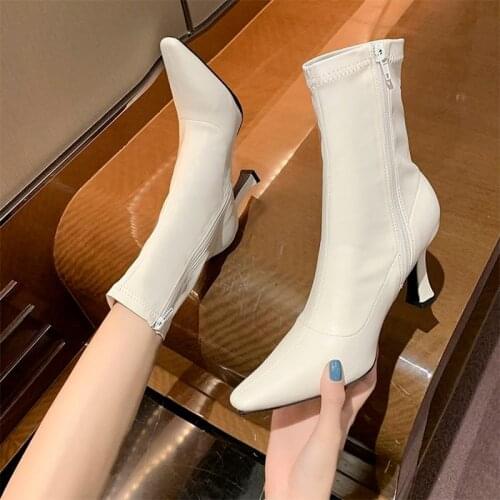 Women High-heeled ankle boots PU Ladies Shoes Long Boots Autumn Winter British style pointed toe Female Platform Footwear 2021