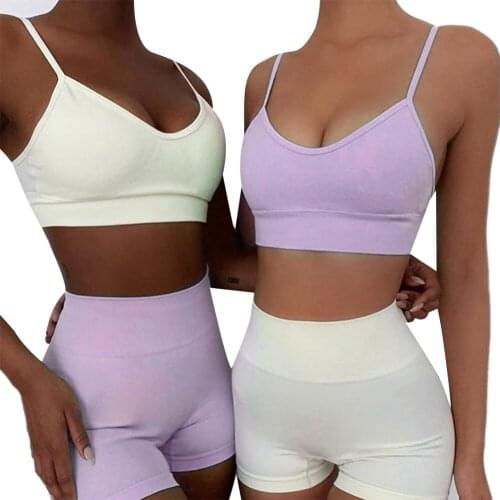 Women Solid Color Sportswear Set Sleeveless Low-cut Backless Camisole+High Waist Short Leggings Lady Summer Tracksuits Outfits