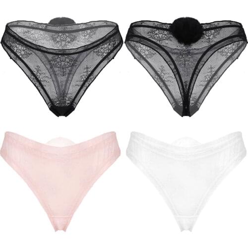 Women Femme See-through Lace Lingerie Panties Cute Low Rise Briefs Underwear Thong G-String with Removable Fluffy Ball