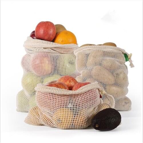 1pcs Reusable Cotton Mesh Storage Bags for Vegetable Fruit Kitchen Reusable Washable Grid Eco-friendly Bag With Drawstring