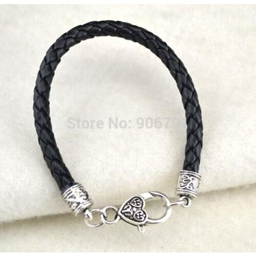 100pcs a lot antique sliver plated new Rope chain Lobster claw clasps bracelet Black Braided Leather Bracelets
