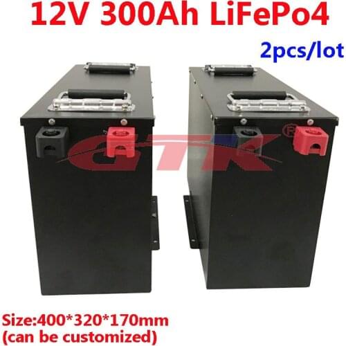 2pcs/lot 12V 300Ah LiFepo4 lithium battery for 600ah solar energy system golf trolley RV autocaravans motorhome+20A charger