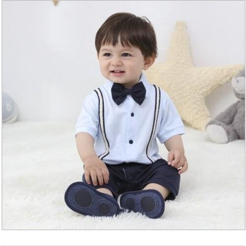 Baby Boys Cute Romper Cotton Bow Folded Collar Fake Suspender Top Short Sleeve Button-Down Design Jumpsuit Romper Daily Wear