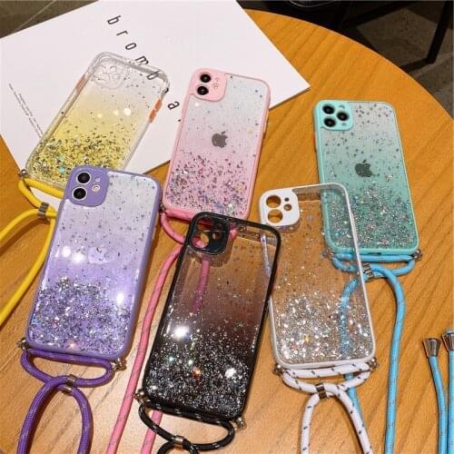 For Samsung S20 Ultra S20FE A01 A11 A31 A51 A71 A12 A20 A30 A50 A21S Shockproof Glitter Skin Feel Crossbody Strap Lanyard Case