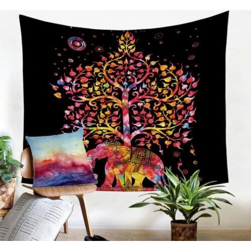Aesthetic Indian Colorful Elephant Life Tree Tapestry Hang Sacred Cycle Carpet