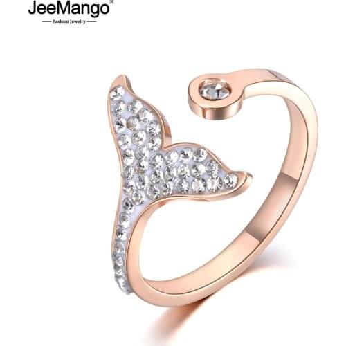 JeeMango Trendy Titanium Stainless Steel Fishtail Clay Party Ring Rose Gold CZ Crystal Anniversary Rings For Women Girls JR19030